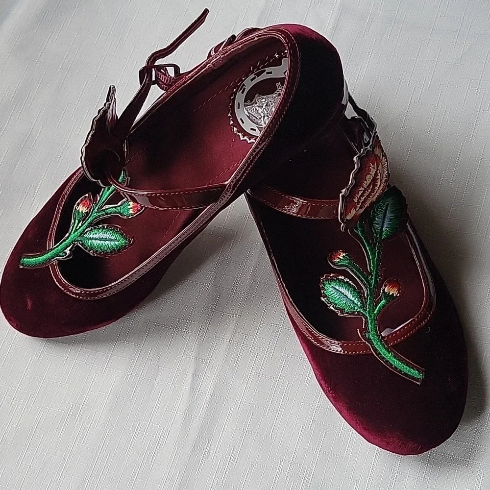 Miss L Fire Floral  Velvet Embroidered  Burgundy Mary Jane Shoes Size 6.5